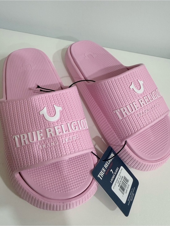 True Religion Shoes - True Religion Pastel Pink Logo Slide Sandals